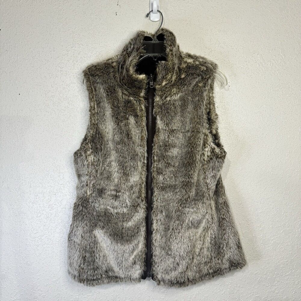 Gap Faux Fur Vest Women's Medium‎ Brown Reversible Zip Up Canvas High Neck